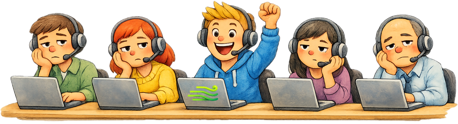Call centre team — one agent is excited using Moikk, the others are disengaged