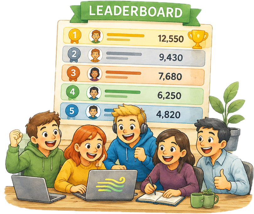 Excited engaged team celebrating around a Moikk leaderboard
